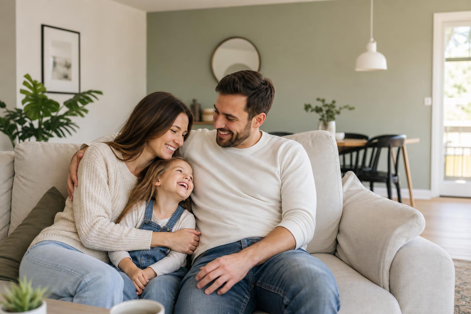 Family relaxing in freshly painted living room