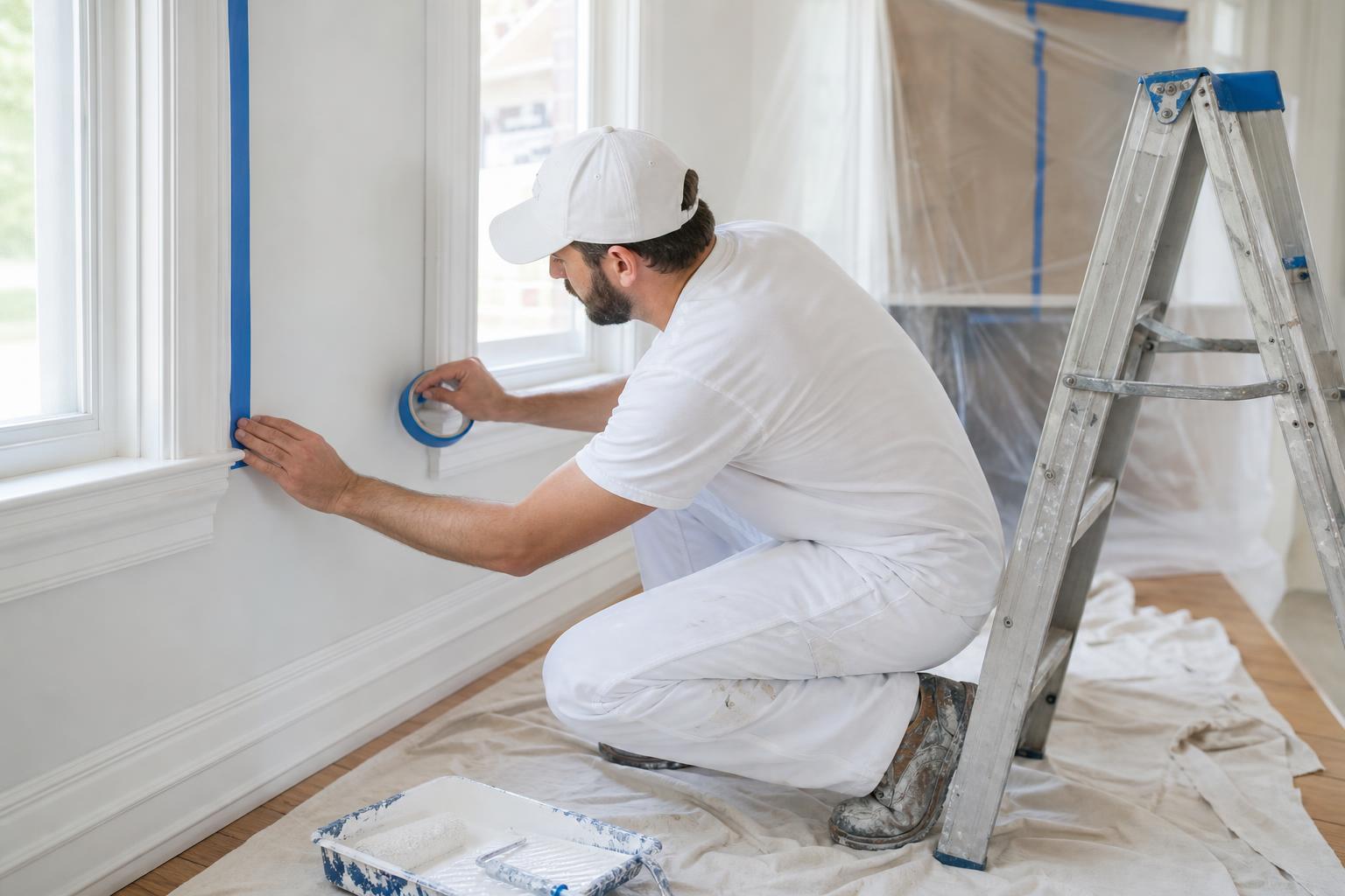 Painter carefully prepping and taping trim